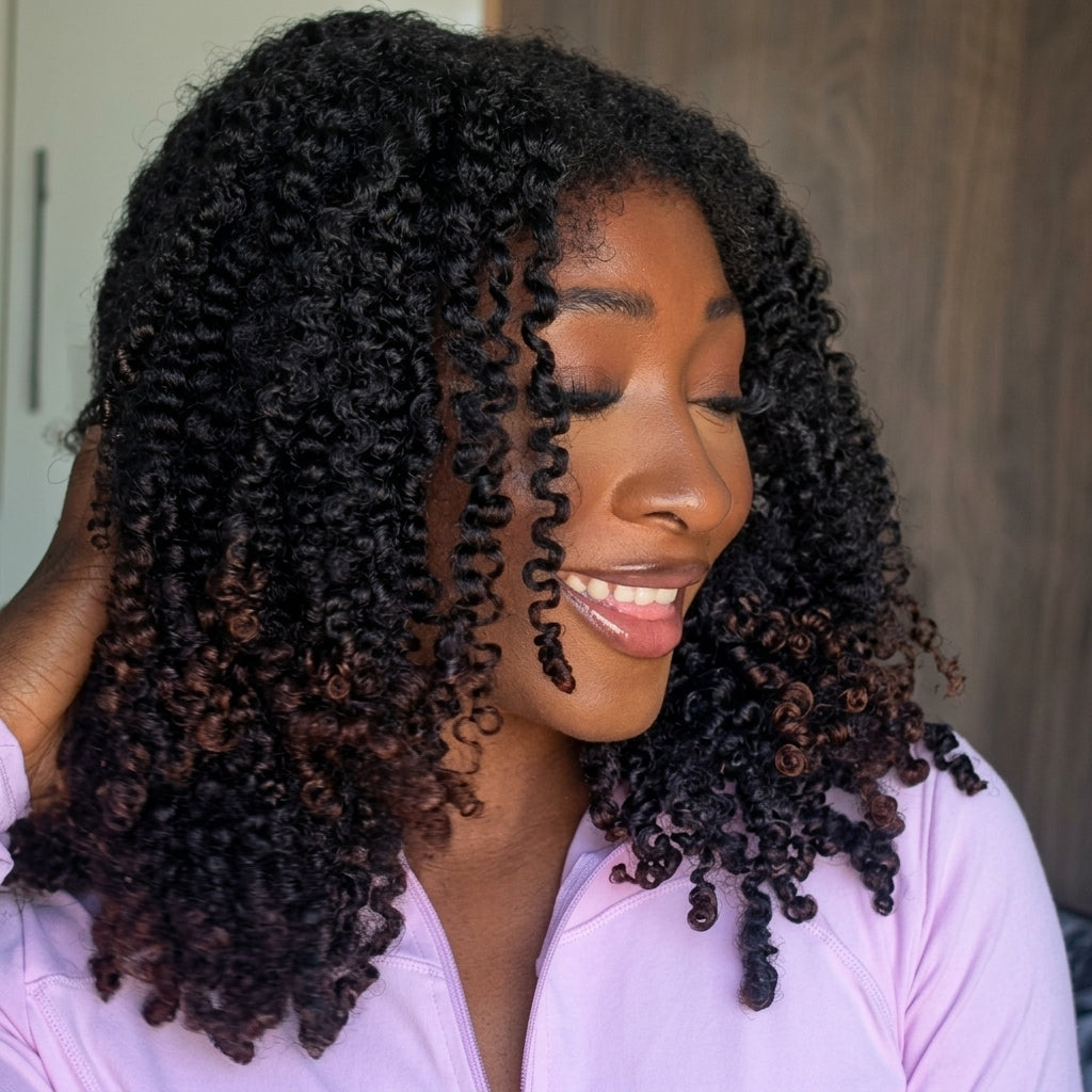 Realistic Kinky Coily Curly Human Hair Wig Glueless HD Lace Wig Ombre Reddish Brown Color Wig - Rafarada