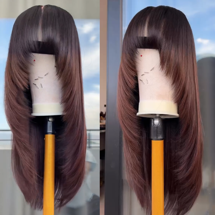 Dark Roots Chestnut Brown Ombre Straight Wig | Layered Haircut with Blunt Bangs- Rafarada