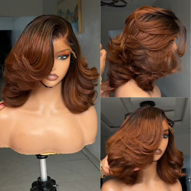 Body Wave Lace Frontal Human Hair Wig Ombre Auburn Brown Swoop Side Part Wig for Women Pre-Plucked Glueless Reddish Brown HD Lace Wig - Rafarada