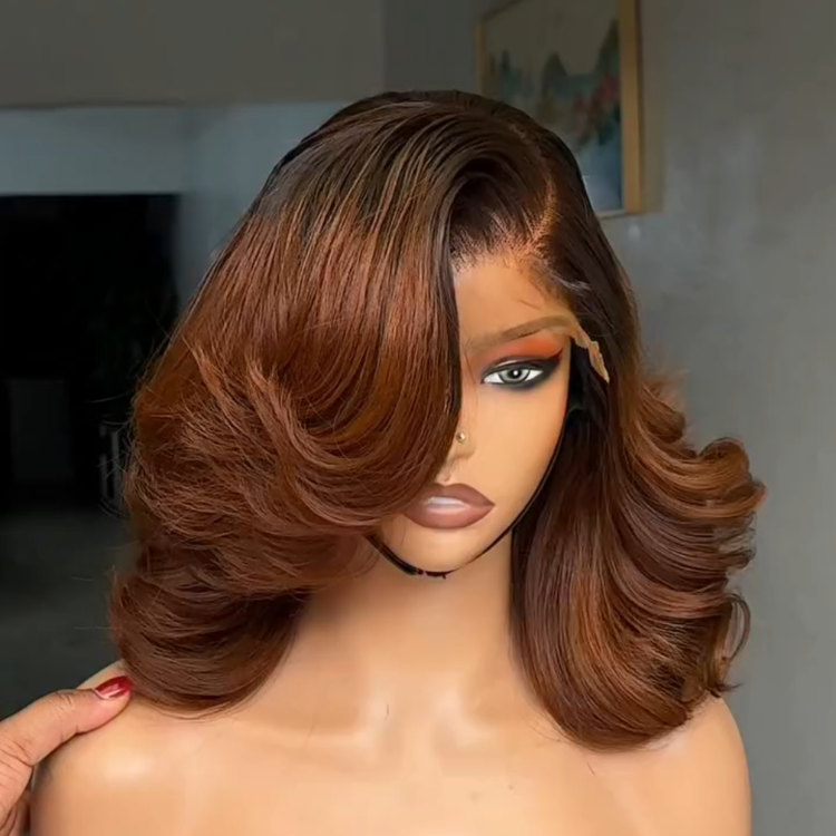 Body Wave Lace Frontal Human Hair Wig Ombre Auburn Brown Swoop Side Part Wig for Women Pre-Plucked Glueless Reddish Brown HD Lace Wig - Rafarada