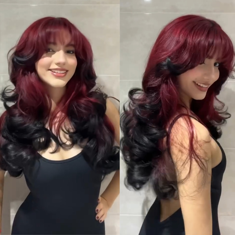 Burgundy Red Ombre Body Wave Wig with Bangs 4x4 Lace Closure 100% Human Hair Two Tone Red and Black Wig for Women - Rafarada