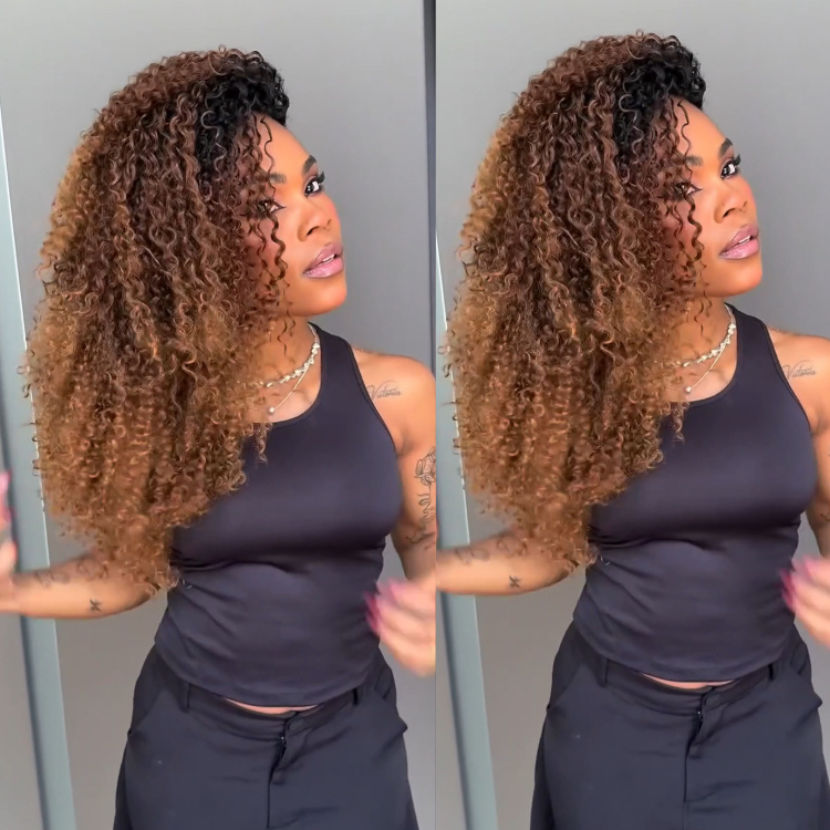 Ombre Deep Curly Feather Crochet Hair Extensions T1B/30/27 100% Human Hair Long Deep Curly Wave for Black Women - Rafarada