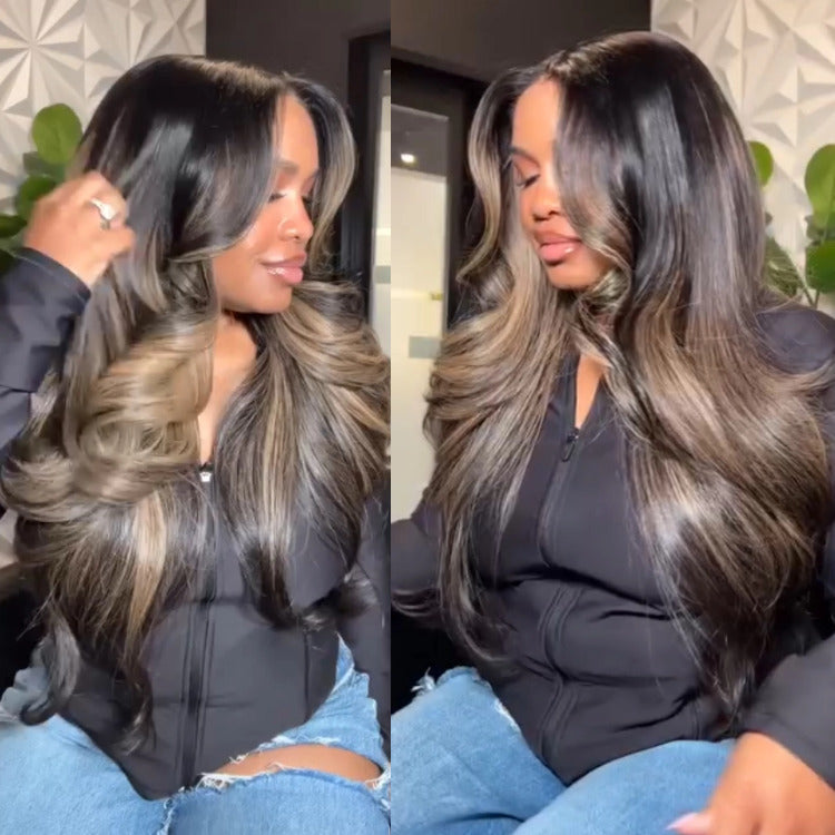 Highlight Color Body Wave Human Hair Balayage Hair Skunk Stripe 220% Density Wig - Rafarada