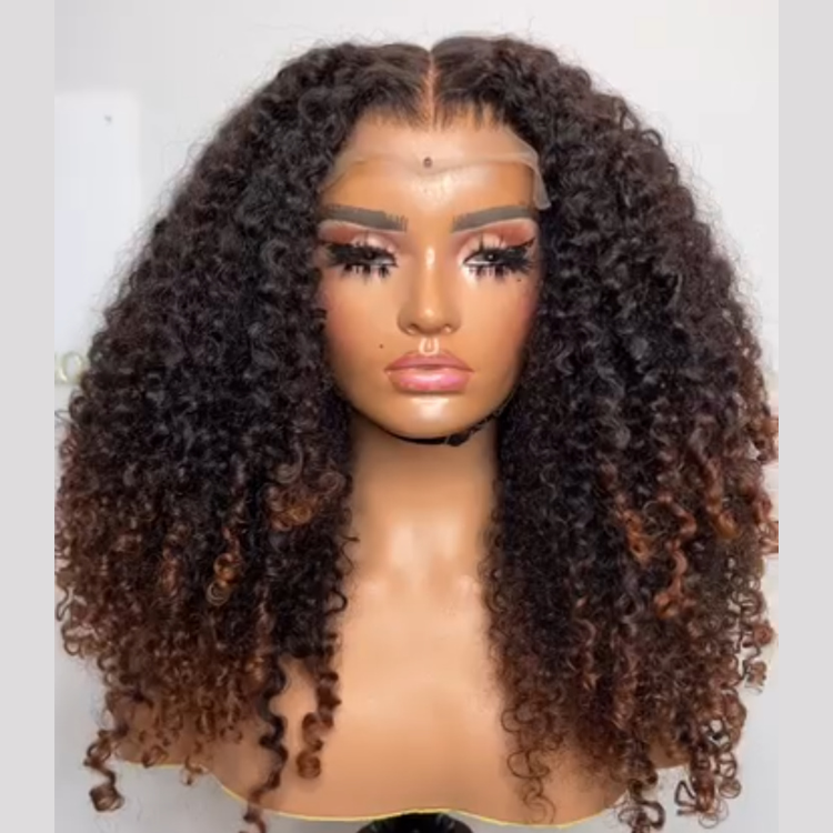 Luxury Ombre Brown Afro Curly Human Hair Wig HD Transparent Lace Frontal Wig 100% Brazilian Hair Ombre Chocolate Brown Glueless Curl Wig - Rafarada