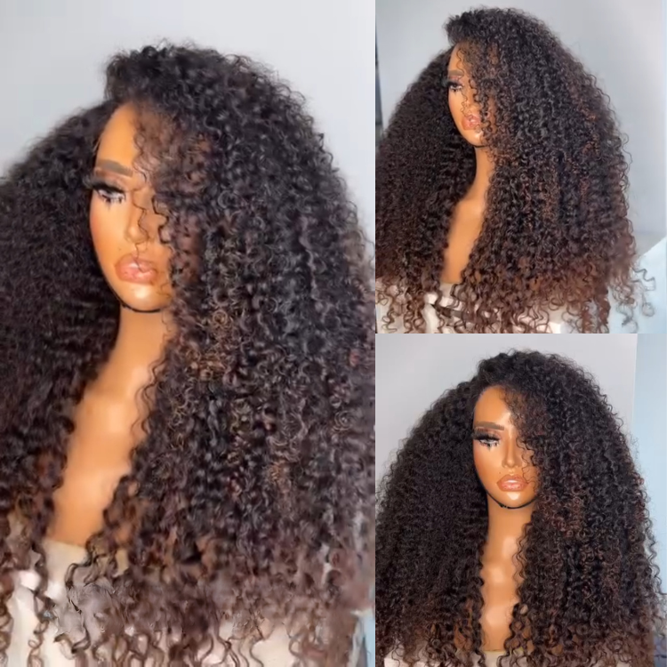 Luxury Ombre Brown Afro Curly Human Hair Wig HD Transparent Lace Frontal Wig 100% Brazilian Hair Ombre Chocolate Brown Glueless Curl Wig - Rafarada