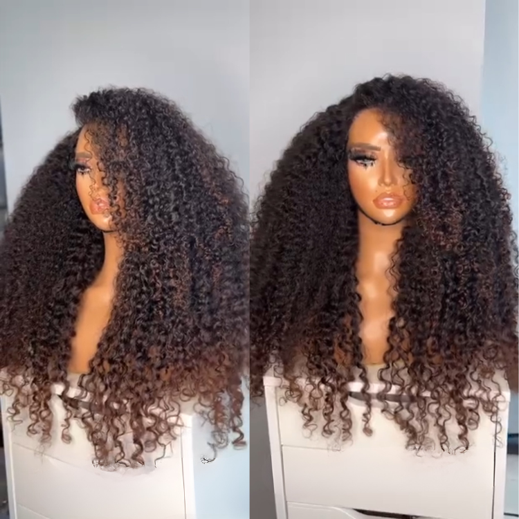 Luxury Ombre Brown Afro Curly Human Hair Wig HD Transparent Lace Frontal Wig 100% Brazilian Hair Ombre Chocolate Brown Glueless Curl Wig - Rafarada
