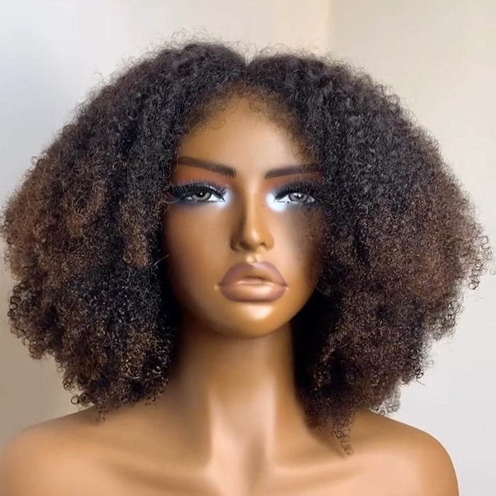 Afro Kinky Curly Human Hair Wigs with Natural 4c Edges Natural Black Ombre Brown Color Wig for Women - Rafarada