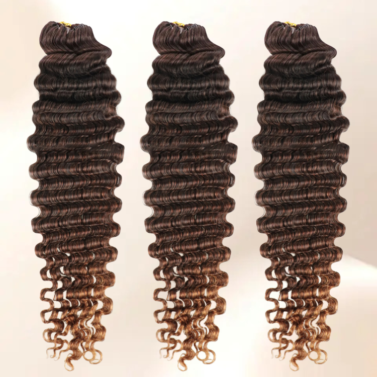 Ombre Chocolate Brown to Honey Blonde Deep Wave Feather Crochet Hair 100% Human Hair Extensions Soft & Bouncy Deep Curly Weave - Rafarada