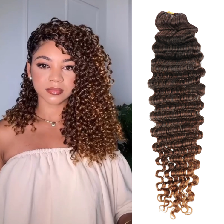 Ombre Chocolate Brown to Honey Blonde Deep Wave Feather Crochet Hair 100% Human Hair Extensions Soft & Bouncy Deep Curly Weave - Rafarada