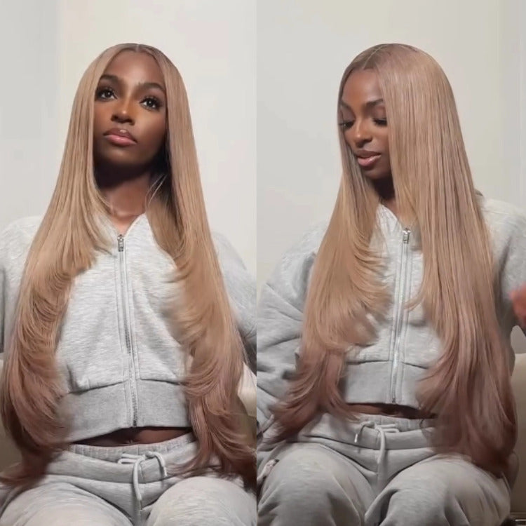 Layered Straight Human Hair Wig Ombre Highlight Color HD Lace Wig Prebleached knots Hairline - Rafarada
