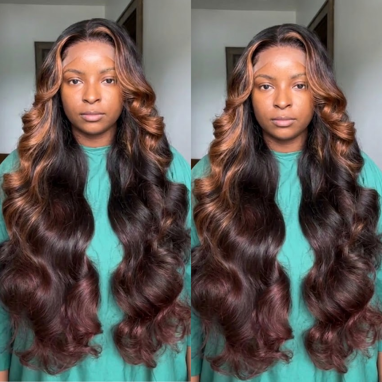 Dark Auburn Piano Color Highlight Body Wave Wig - Honey Blonde Dimensional Blend Glueless Long Wavy Human Hair Wig with Layered Face-Framing Curls- Rafarada