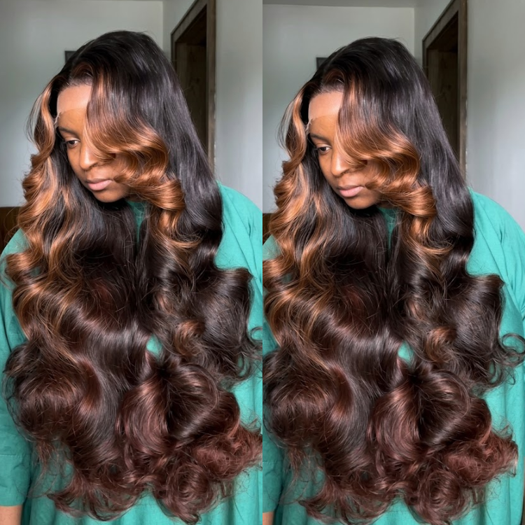 Dark Auburn Piano Color Highlight Body Wave Wig - Honey Blonde Dimensional Blend Glueless Long Wavy Human Hair Wig with Layered Face-Framing Curls- Rafarada