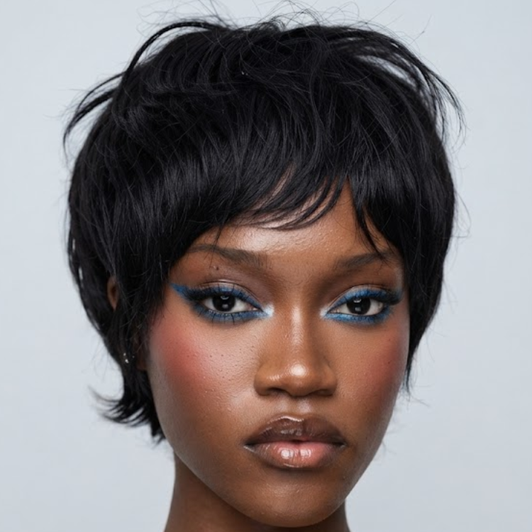 Natural Jet Black Pixie Crop Short Human Hair Wig - Textured Layered Waves - Glueless Easy Wear Full Wig - Rafarada