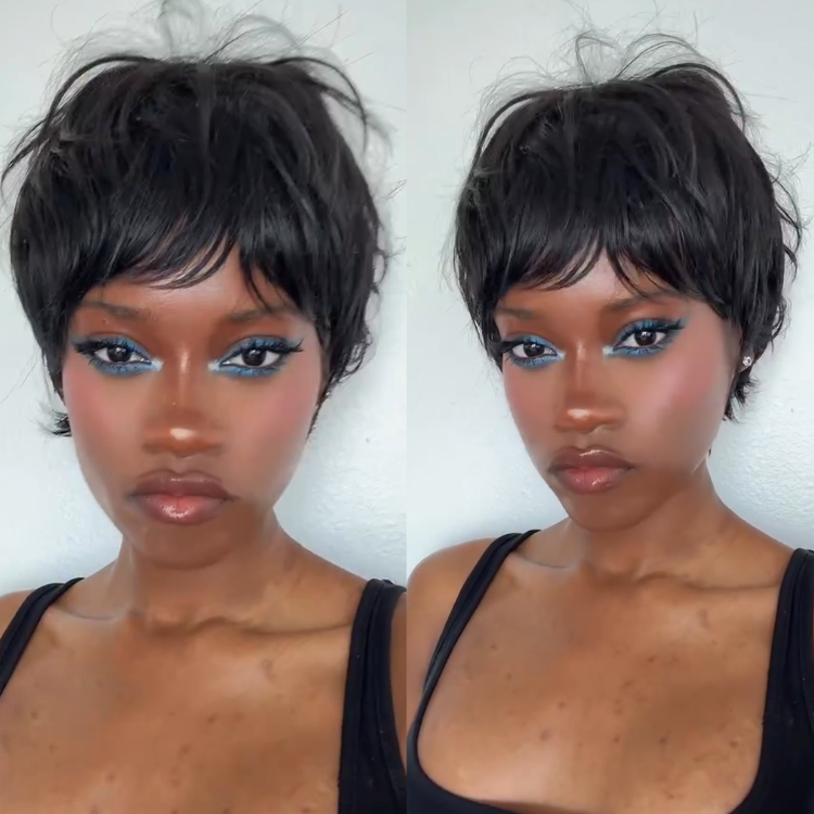 Natural Jet Black Pixie Crop Short Human Hair Wig - Textured Layered Waves - Glueless Easy Wear Full Wig - Rafarada