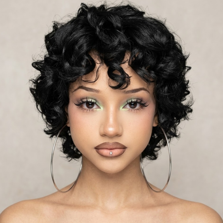 Short Jet Black Pixie Cut Wig - Voluminous Springy Curls - Glueless Natural Look - Rafarada