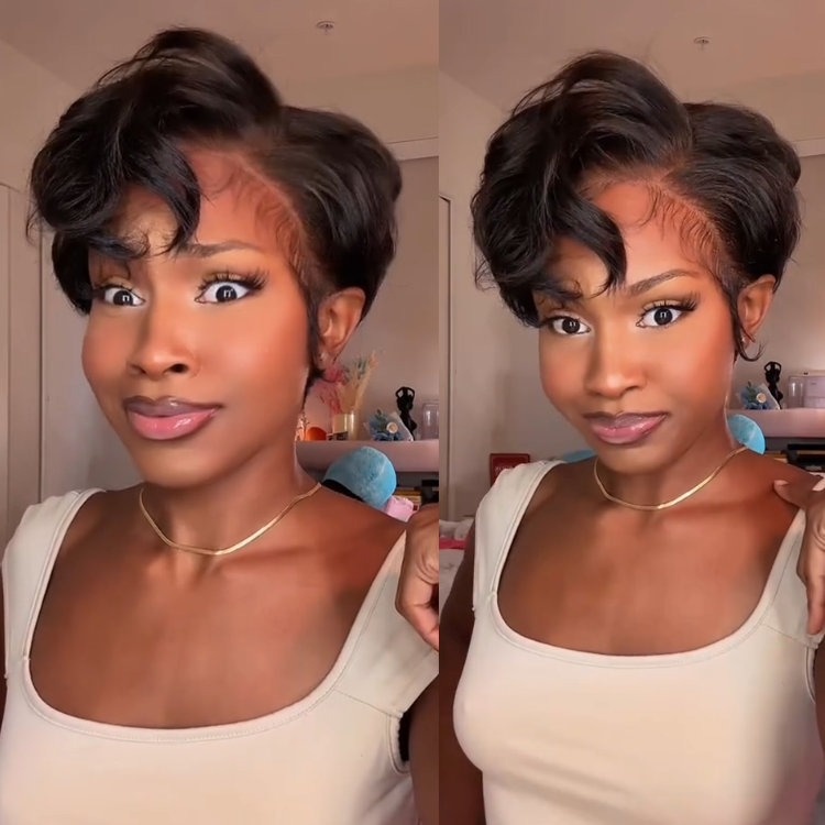 Natural Black Layered Wavy Pixie Cut Full Lace Human Hair Wig Glueless Pre-Plucked Short Curly Wig with Natural Hairline - Rafarada