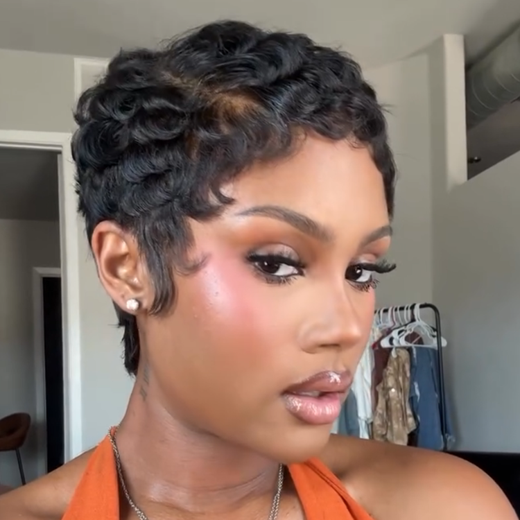 Full Lace Free Part Wig Short Pixie Cut Finger Wave Curly Human Hair Lace Front Wigs Jet Black Color For Women- Rafarada
