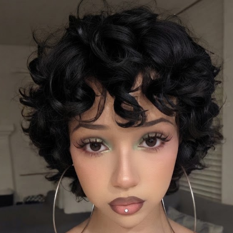 Short Jet Black Pixie Cut Wig - Voluminous Springy Curls - Glueless Natural Look - Rafarada