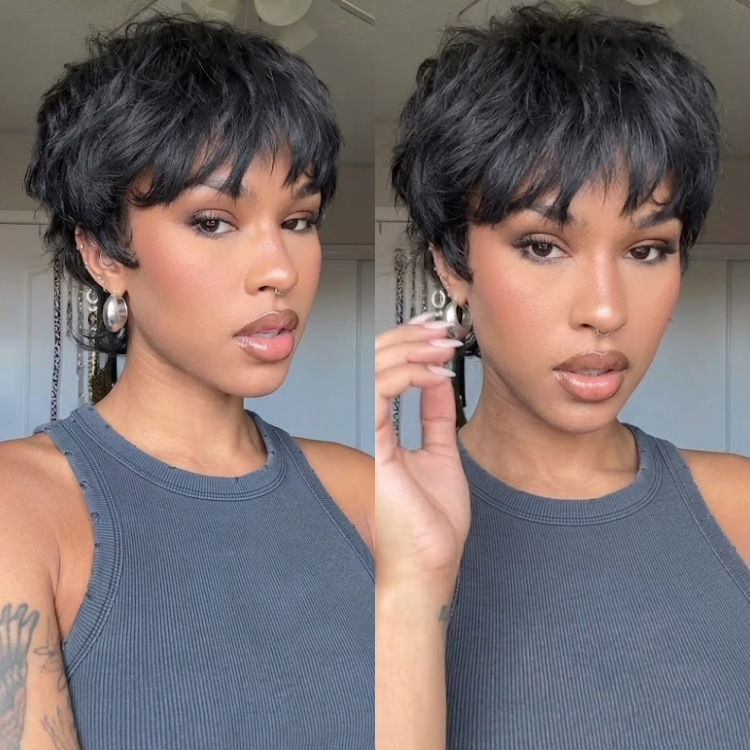 Natural Black Pixie Shag Wig with Wispy Waves and Textured Bangs for Women- Rafarada