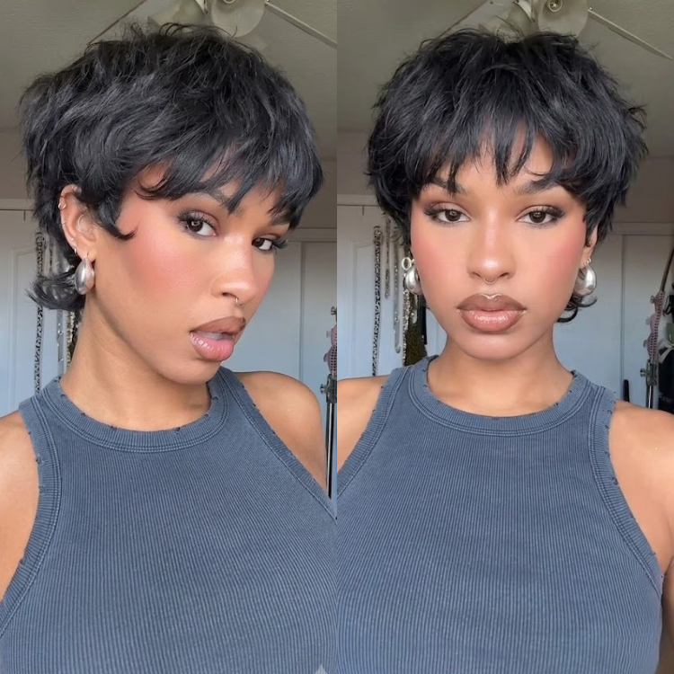 Natural Black Pixie Shag Wig with Wispy Waves and Textured Bangs for Women- Rafarada