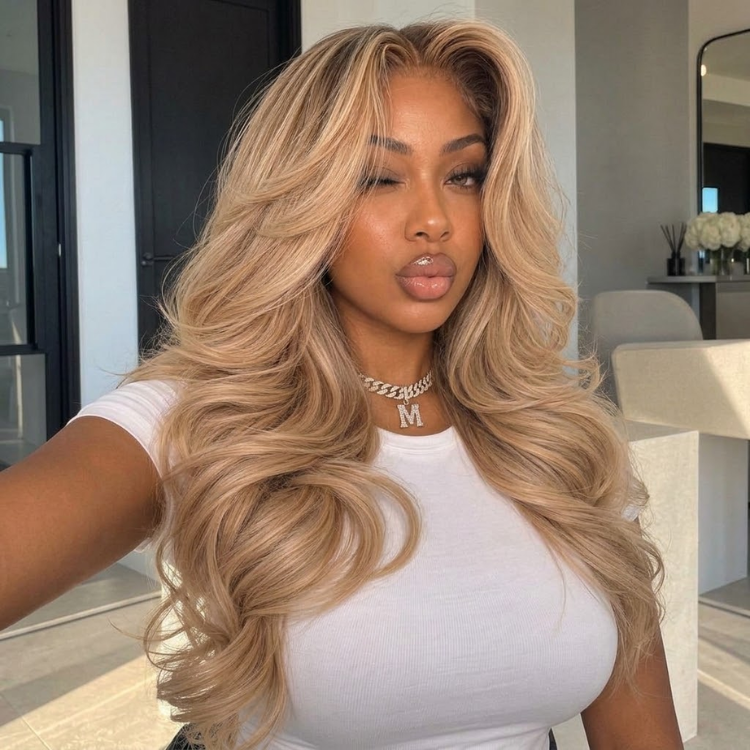Strawberry Platinum Blonde Human Hair Wig - Bouncy Feathered Body Wave - Glueless HD Lace Front Wig Natural Hairline Side Part - Rafarada