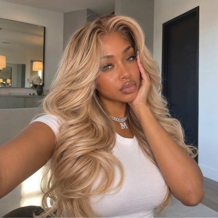 Strawberry Platinum Blonde Human Hair Wig - Bouncy Feathered Body Wave - Glueless HD Lace Front Wig Natural Hairline Side Part - Rafarada