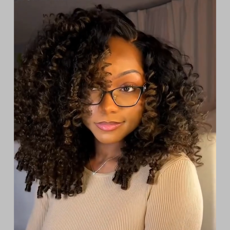 Pre-Plucked Bouncy Curls Lace Front Wig Natural Black Brown Mix Color Thick Voluminous Curly Raw Hair with Highlights Wig - Rafarada