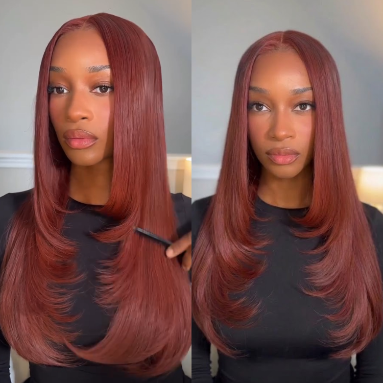 Auburn Copper Red Silky Straight Human Hair Wig Glueless Layered C Cut Haircut Wig Middle Part Natural Hairline- Rafarada