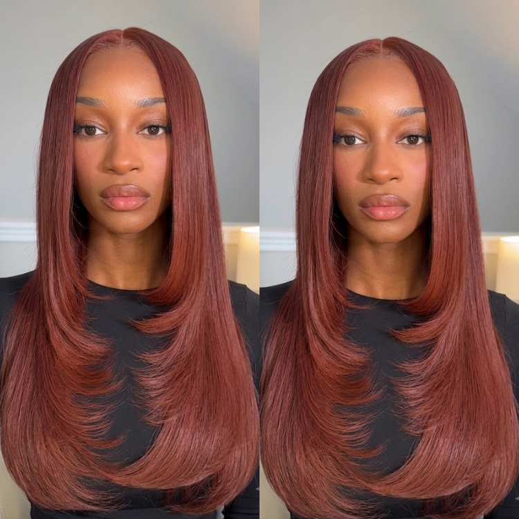 Auburn Copper Red Silky Straight Human Hair Wig Glueless Layered C Cut Haircut Wig Middle Part Natural Hairline- Rafarada