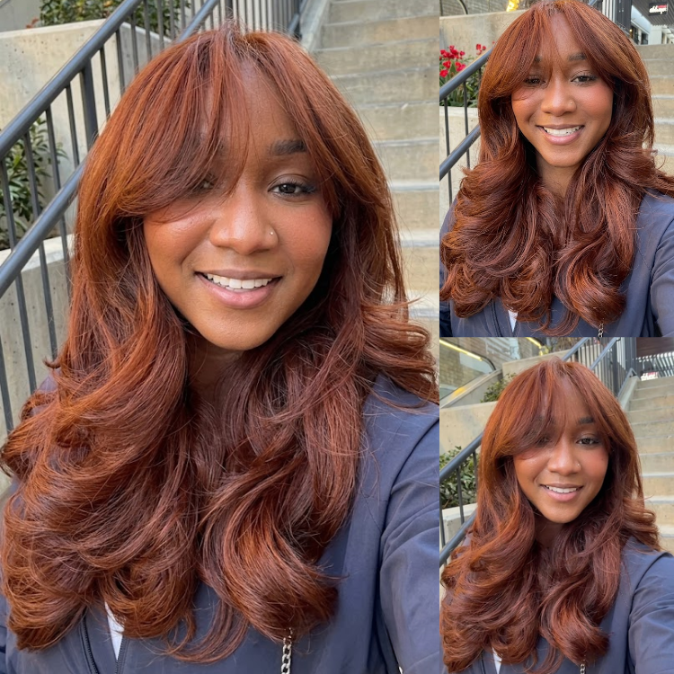 Glueless Reddish Brown Large Volume Waves Human Hair Wig | Pre-Cut Lace Layered Blowout Style with Bangs - Rafarada