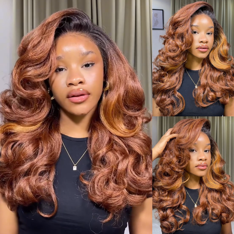 Glueless Layered Bouncy Curls Lace Front Wig Dark Roots Ombre Reddish Brown with Caramel Highlights Human Hair Wig- Rafarada
