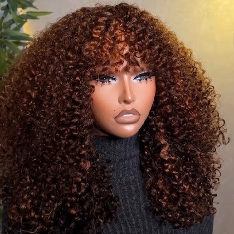 Reddish Brown Kinky Curly Wig With Bangs - Glueless Voluminous Auburn Curly Human Hair Wig- Rafarada