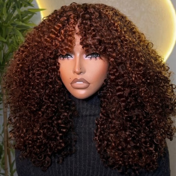 Reddish Brown Kinky Curly Wig With Bangs - Glueless Voluminous Auburn Curly Human Hair Wig- Rafarada