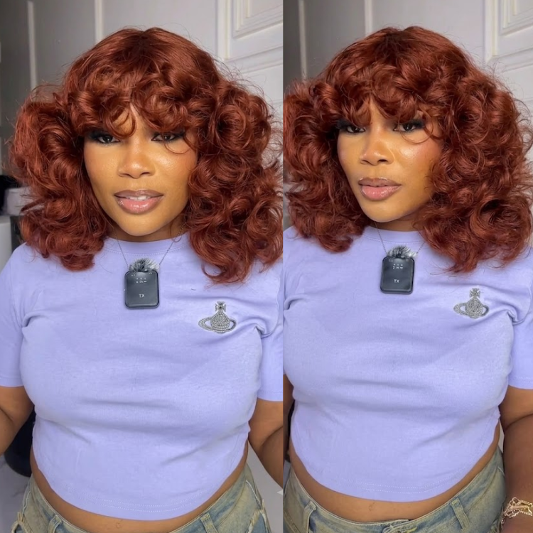 Dark Roots Ombre Brown Short Curly Wig with Bangs - Premium Bouncy Wave Glueless Bob Wig for Women- Rafarada