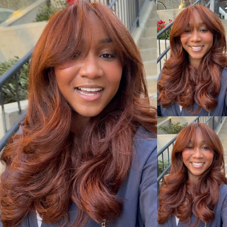Glueless Reddish Brown Large Volume Waves Human Hair Wig | Pre-Cut Lace Layered Blowout Style with Bangs - Rafarada
