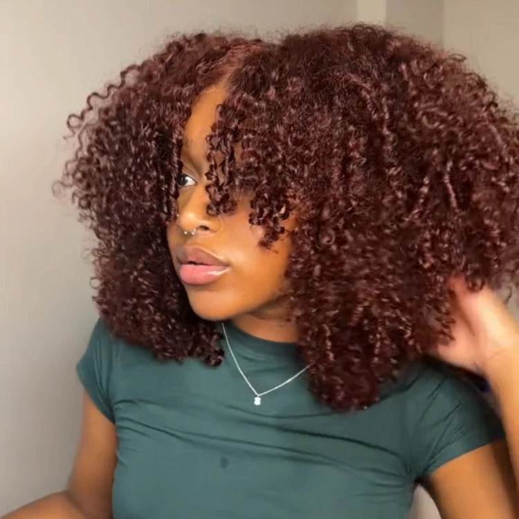Reddish Brown Color Afro Curly Human Hair Wig HD Lace Front Wig - Rafarada