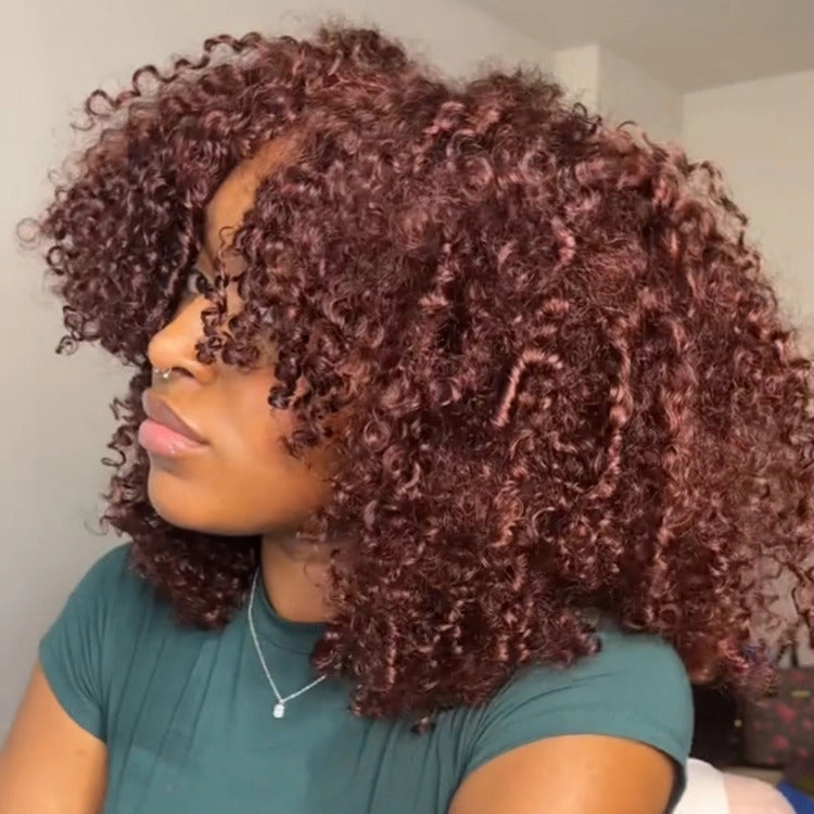 Reddish Brown Color Afro Curly Human Hair Wig HD Lace Front Wig - Rafarada