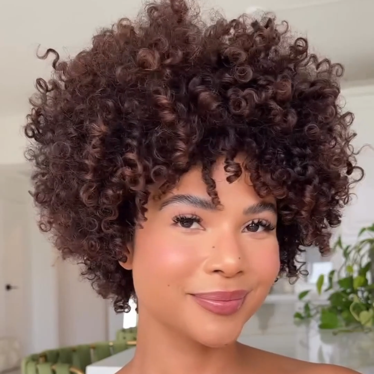 Kinky Curly Human Hair Glueless Wig Rich Chestnut Brown Highlight Afro Coily Natural Hairline Wig with Bangs- Rafarada