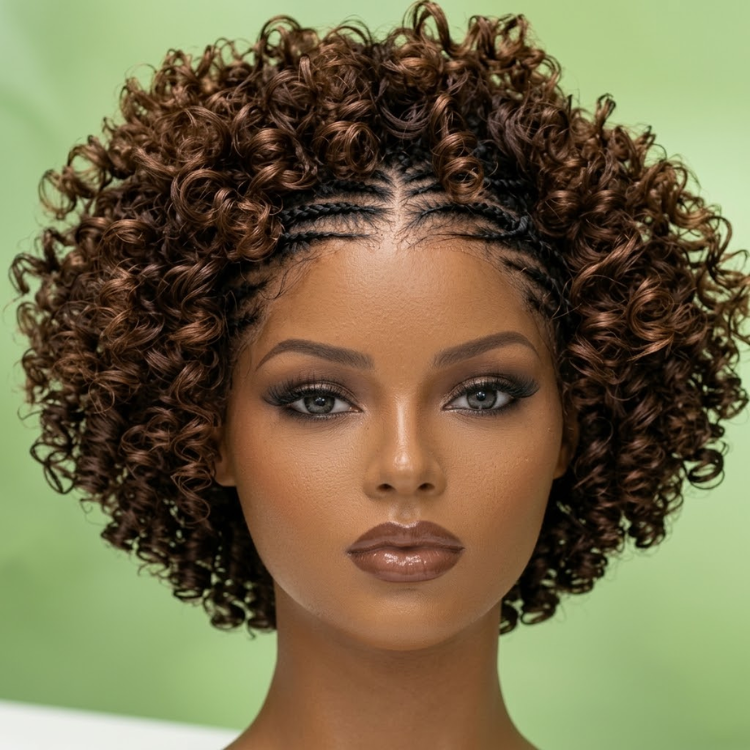 Rich Chestnut Brown Front Cornrow Braided Curly Wig - 3C 4A Defined Spiral Ringlets Human Hair Short Bob Wig - Rafarada
