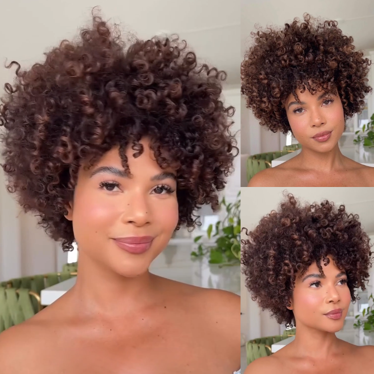 Kinky Curly Human Hair Glueless Wig Rich Chestnut Brown Highlight Afro Coily Natural Hairline Wig with Bangs- Rafarada