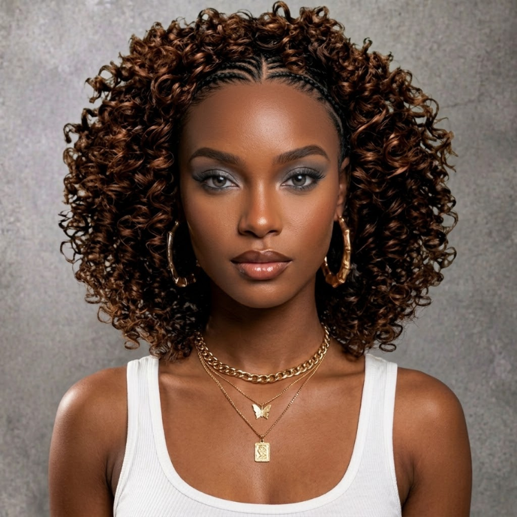 Rich Chestnut Brown Front Cornrow Braided Curly Wig - 3C 4A Defined Spiral Ringlets Human Hair Short Bob Wig - Rafarada