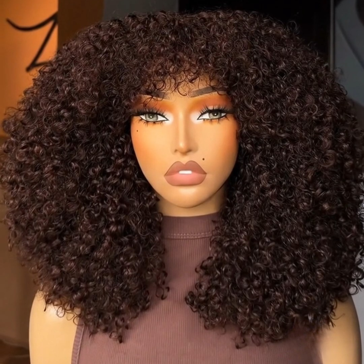 Rich Chocolate Brown Curly Wig with Bangs | Voluminous Kinky Coily Afro Style- Rafarada