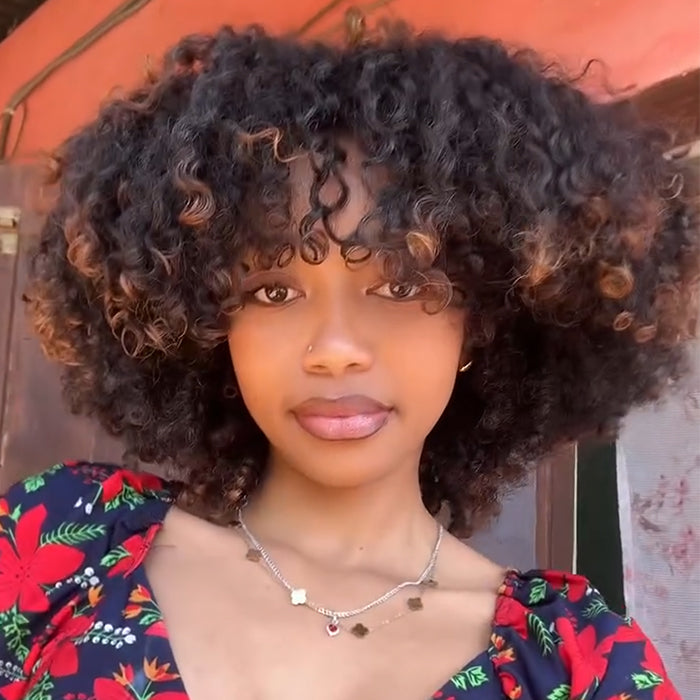 Short Afro Curly Bob Wig With Bangs Natural Black Brown Highlighted Wig Glueless Human Hair Wig- Rafarada