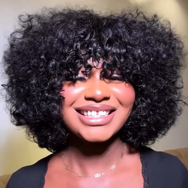 Short Curly Coily Human Hair Wig - Glueless Natural Black Voluminous Bouncy Ringlets- Rafarada