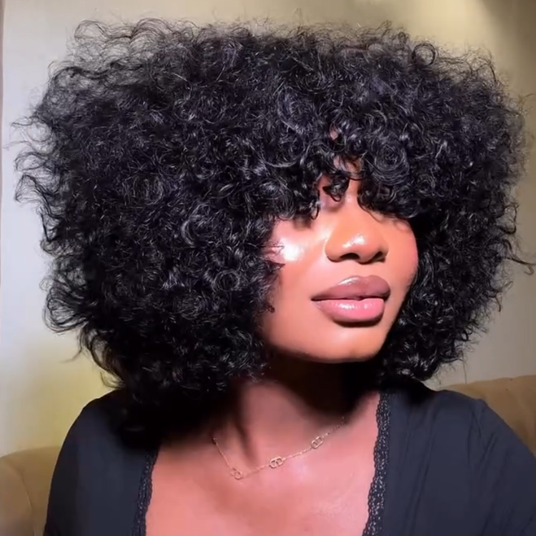 Short Curly Coily Human Hair Wig - Glueless Natural Black Voluminous Bouncy Ringlets- Rafarada