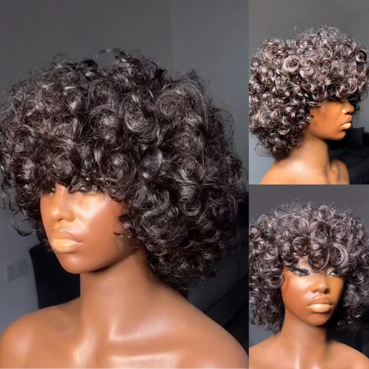 Natural Black Short Jerry Curly Wig with Bangs – High Elasticity Deep Wave Glueless Bob Wig for Black Women- Rafarada
