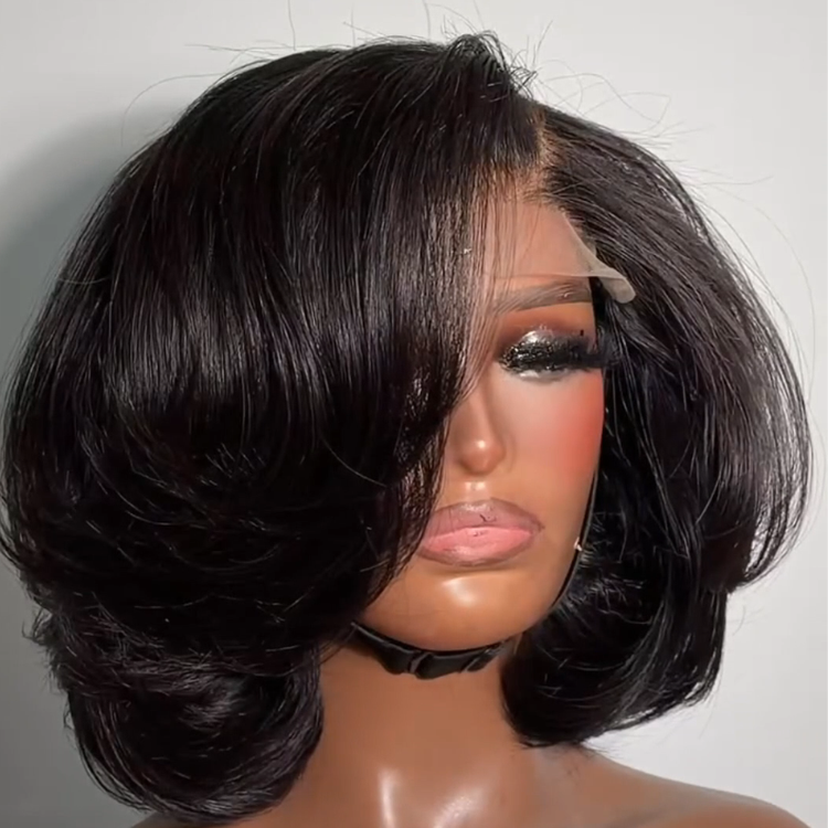 Luxury Short Layered Bob HD Lace Wig 100% Human Hair Voluminous C-Curl Glueless Wig for Women- Rafarada