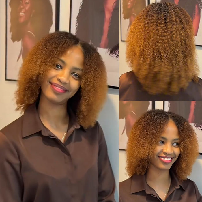 Honey Blonde Ombre Kinky Curly Bob Wig Corn Silk Dark Roots Afro Coily Lace Wig - Rafarada