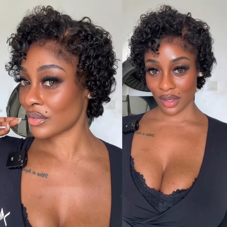 Short Pixie Cut Bouncy Curls Human Hair Wig Luxurious Glueless Full Lace Wig 100% Human Hair Free Parting Natural Black Color For Woman - Rafarada