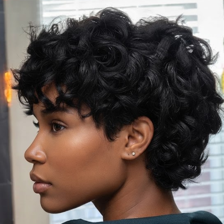 Jet Black Short Pixie Cut Wig - Bouncy Defined Curls - Comfortable Breathable Cap - Rafarada